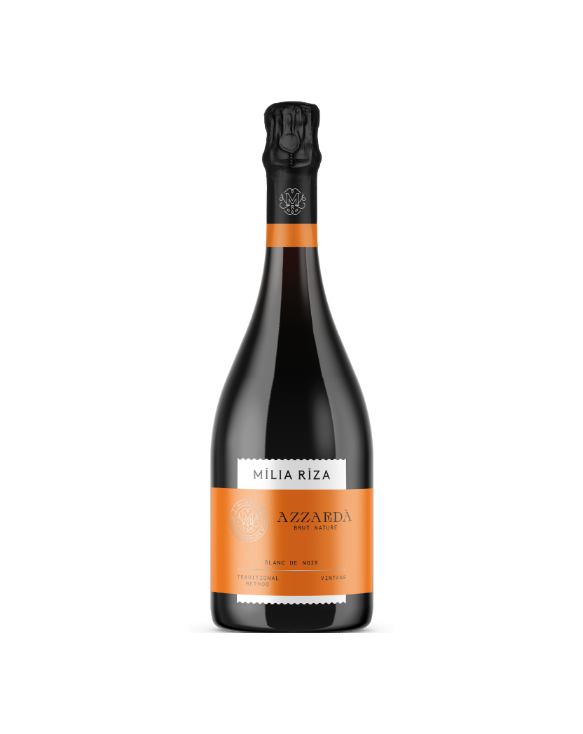 Wine bottle with an orange label on a white background