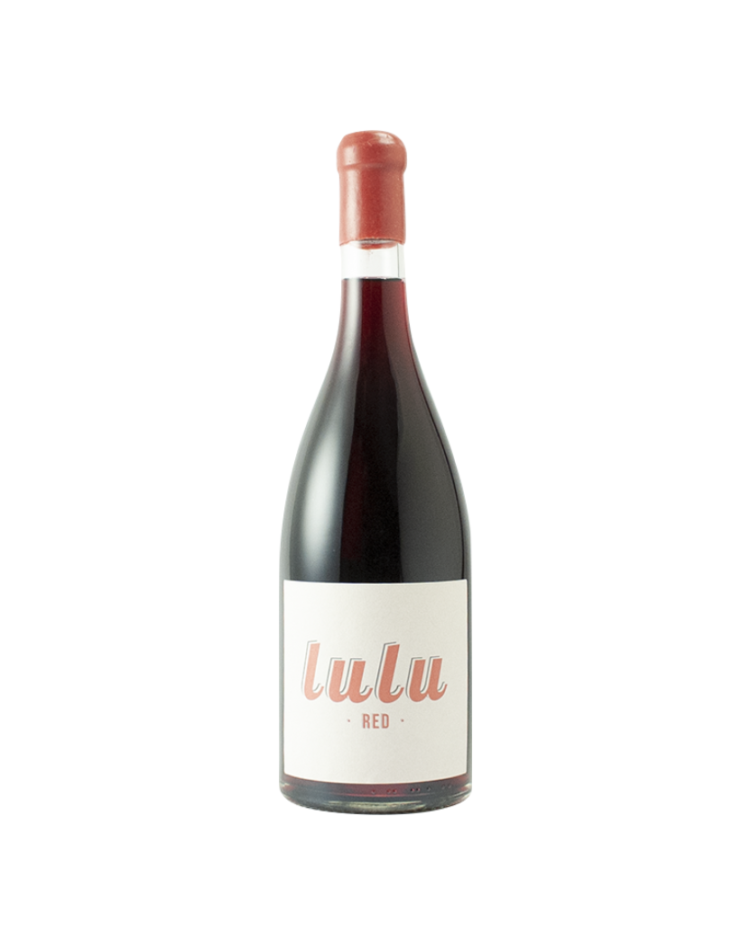Wine bottle labeled 'lulu red' on a white background