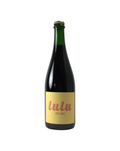 Bottle of wine with a yellow label featuring the word 'lulu' on a white background