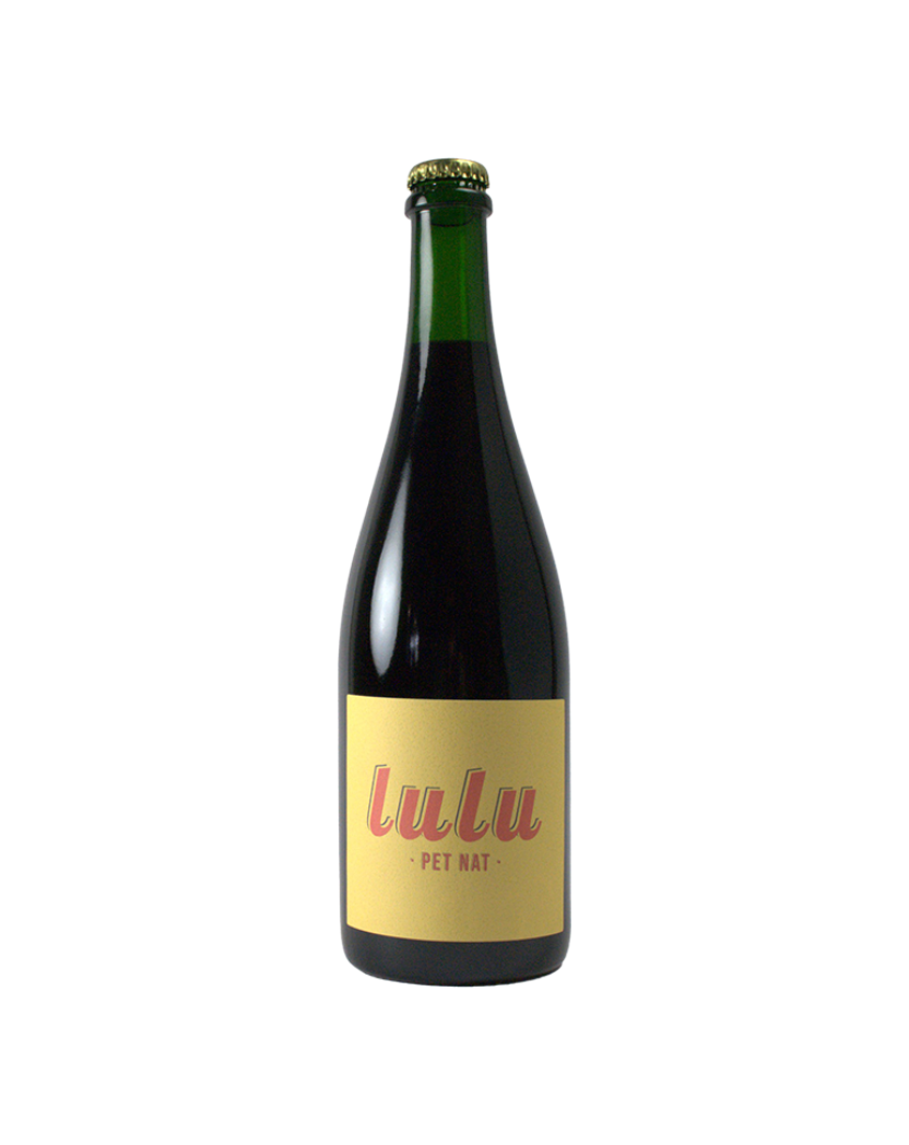 Bottle of wine with a yellow label featuring the word 'lulu' on a white background