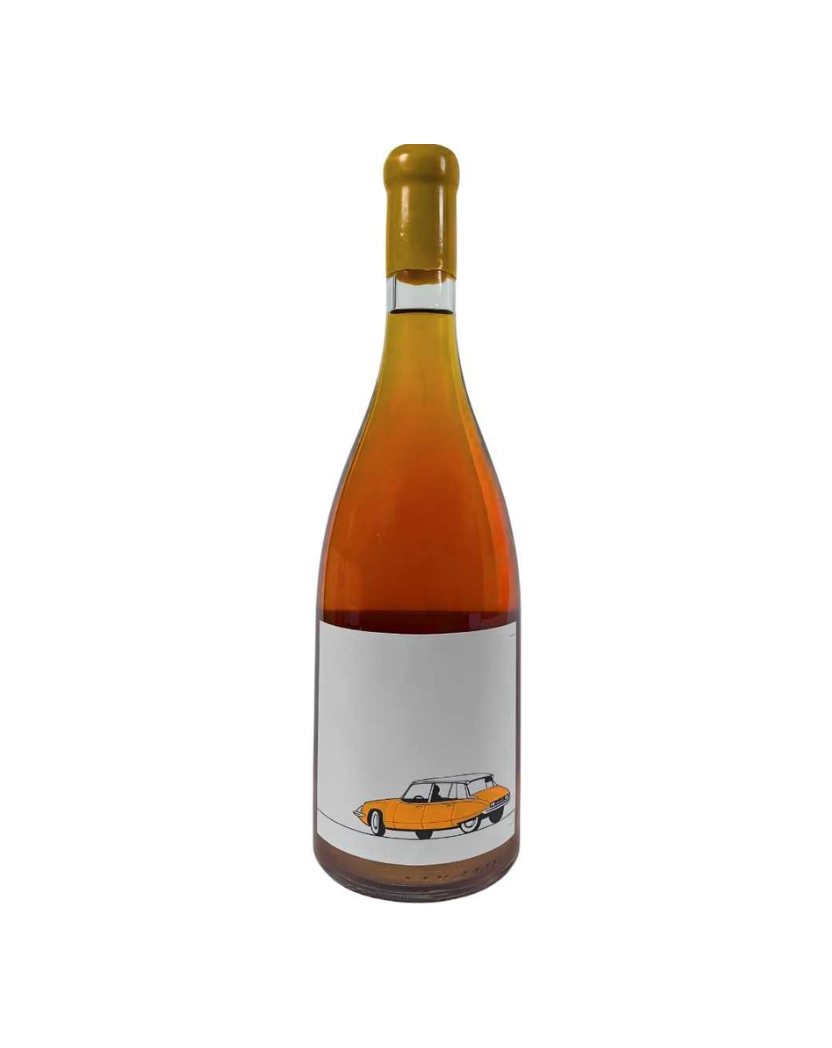 Wine bottle with a white label featuring a yellow car illustration on a white background