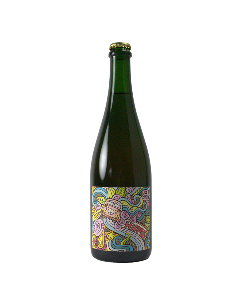 Green bottle with a colorful label on a white background