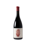 Wine bottle with a label featuring a face design on a white background