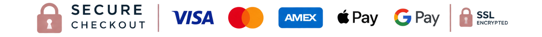 A digital graphic displaying various secure payment logos on a plain white background, including Secure Checkout, Visa, Mastercard, Amex, Apple Pay, Google Pay, and SSL Encrypted.